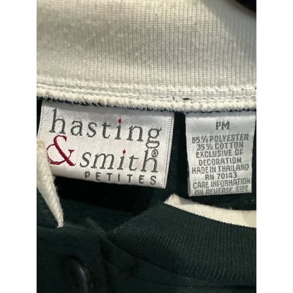 VTG Hastings & Smith size Petite M green fleece lined button appliqué cardigan - Picture 5 of 7